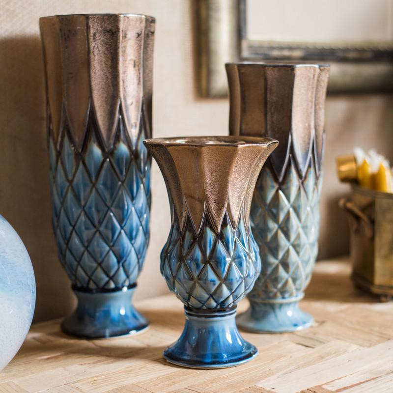 Blue Gold Grid Pattern Glazed Ceramic Vase Collection - Cheeky Garden