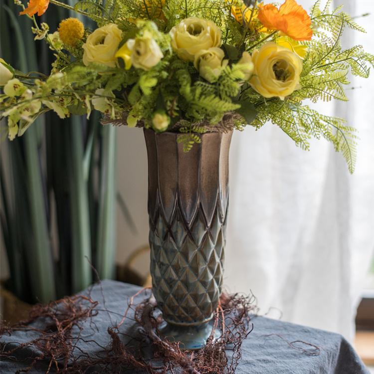 Blue Gold Grid Pattern Glazed Ceramic Vase Collection - Cheeky Garden