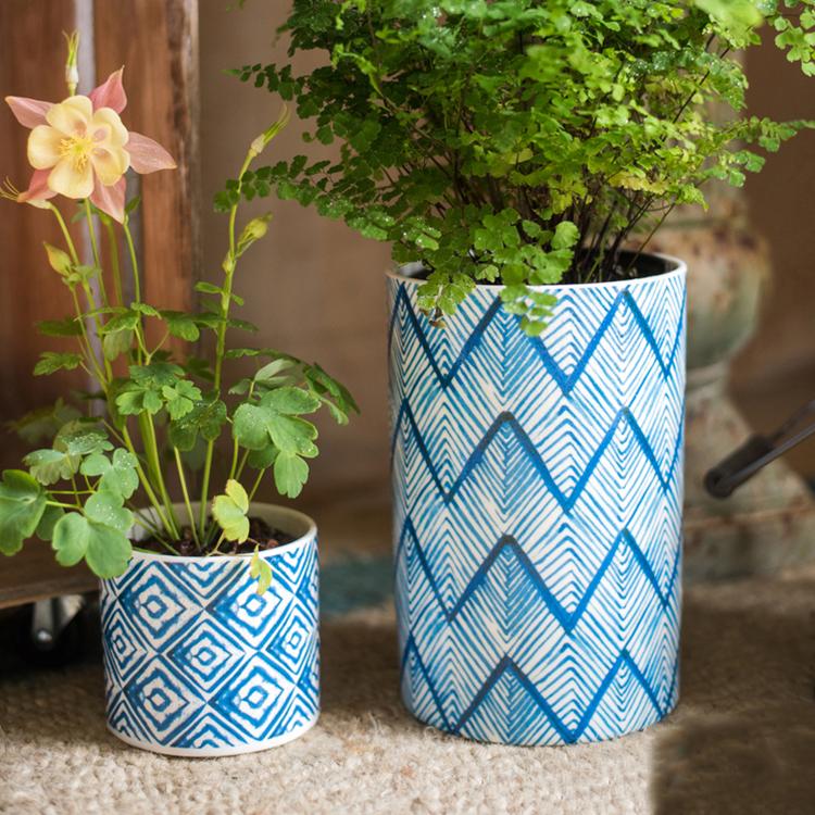 Blue Print Ceramic Vase Planter in Various Patterns - Cheeky Garden