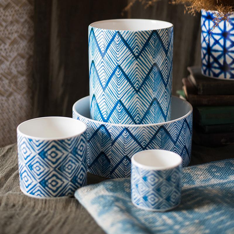 Blue Print Ceramic Vase Planter in Various Patterns - Cheeky Garden