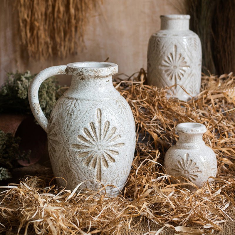 Carved Floral Vase in White - Cheeky Garden