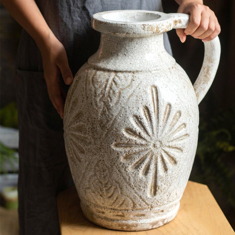 Carved Floral Vase in White - Cheeky Garden