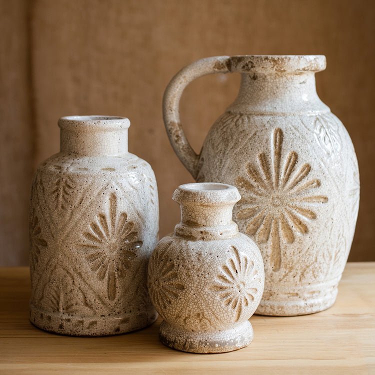 Carved Floral Vase in White - Cheeky Garden