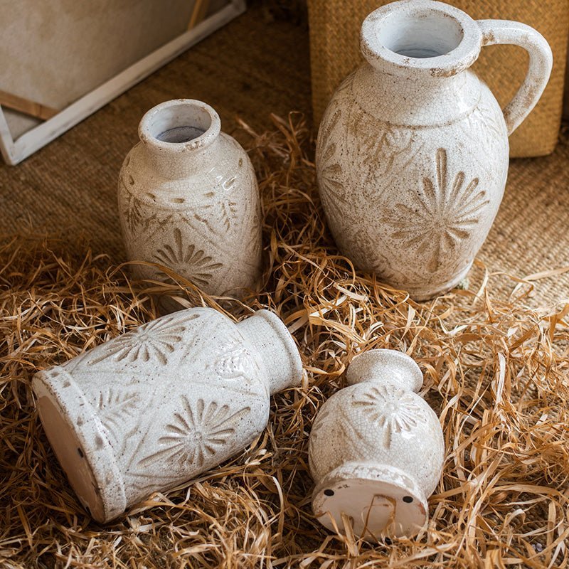 Carved Floral Vase in White - Cheeky Garden