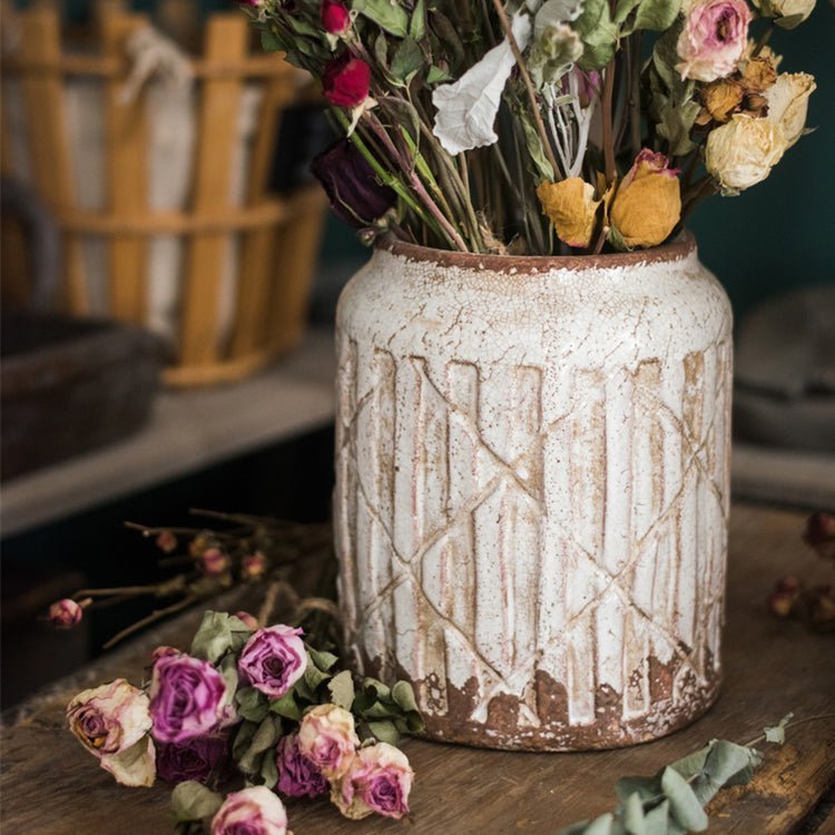 Distressed White Ceramic Flower Jar Vase - Cheeky Garden
