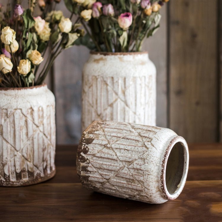 Distressed White Ceramic Flower Jar Vase - Cheeky Garden