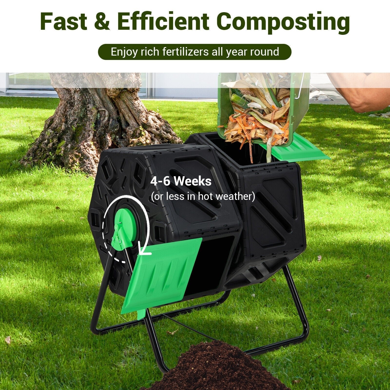 Dual Chamber Garden Compost Tumbler with Sliding Doors-Black & Green - Cheeky Garden