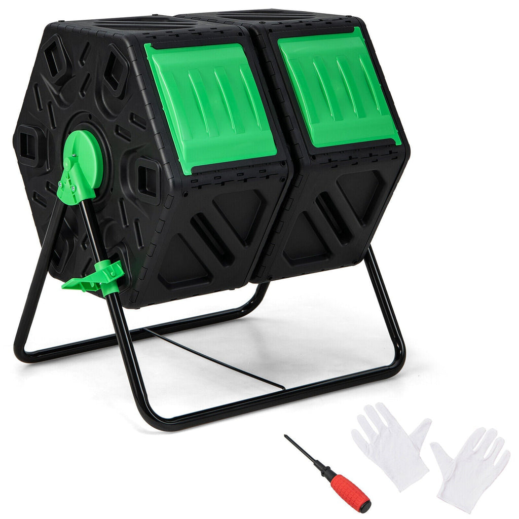 Dual Chamber Garden Compost Tumbler with Sliding Doors-Black & Green - Cheeky Garden