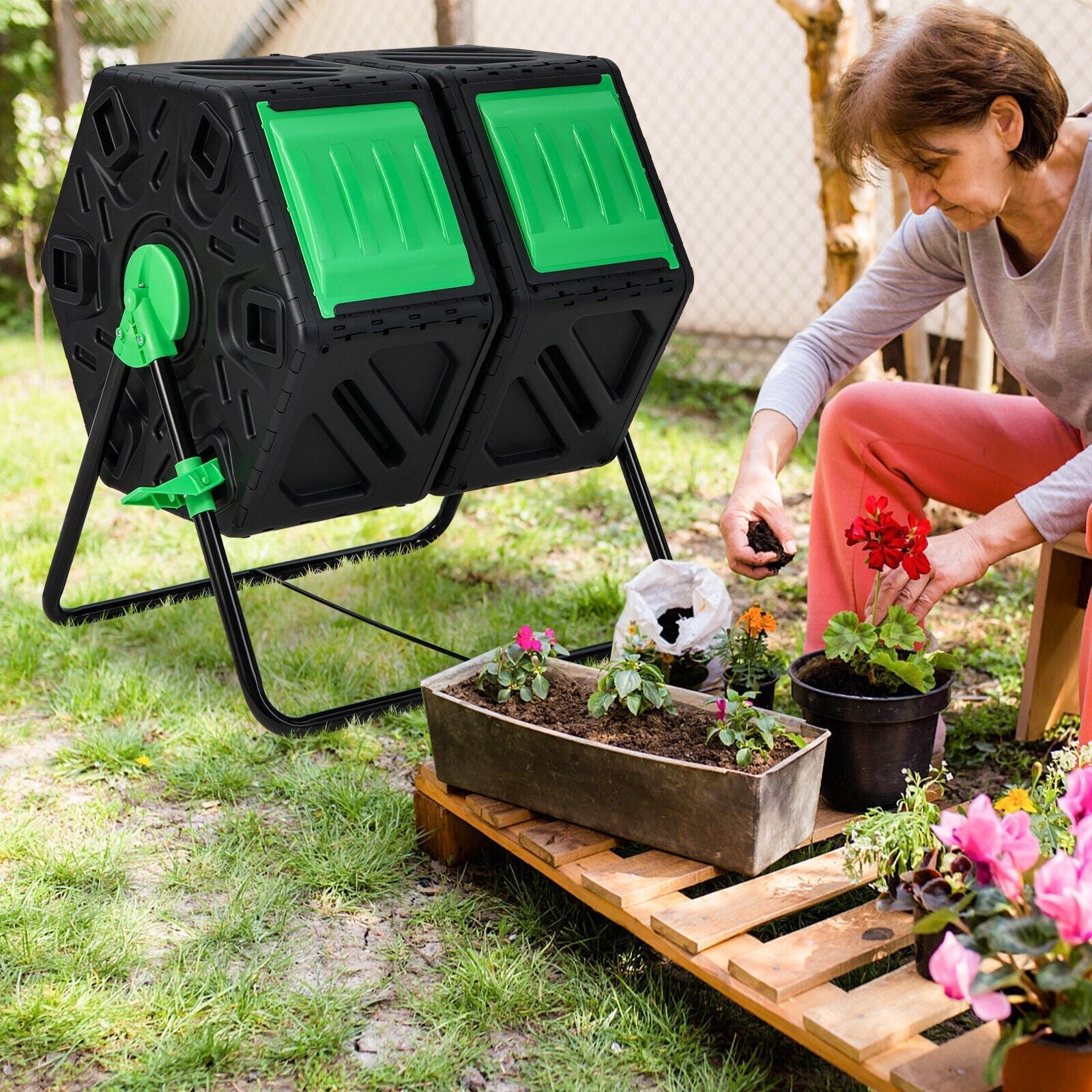Dual Chamber Garden Compost Tumbler with Sliding Doors-Black & Green - Cheeky Garden