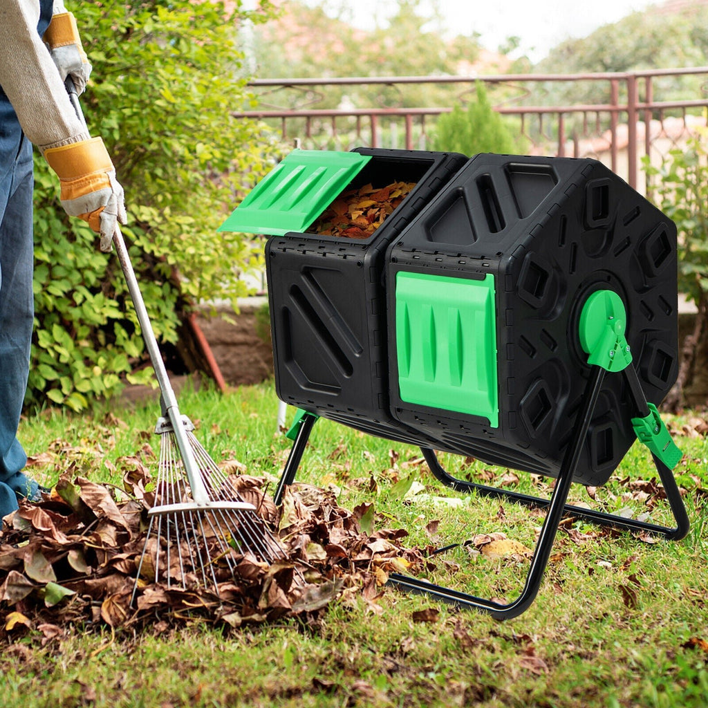 Dual Chamber Garden Compost Tumbler with Sliding Doors-Black & Green - Cheeky Garden