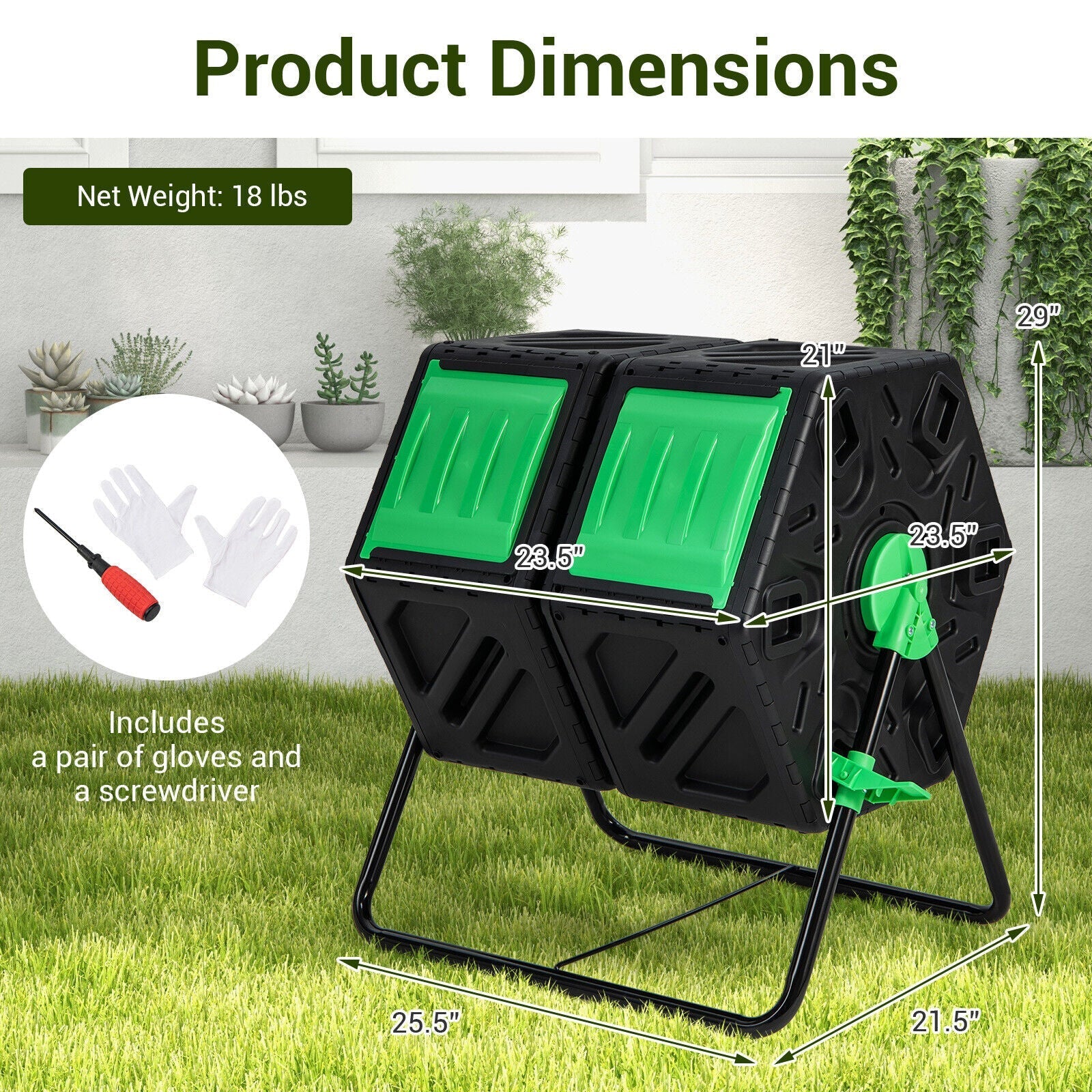 Dual Chamber Garden Compost Tumbler with Sliding Doors-Black & Green - Cheeky Garden