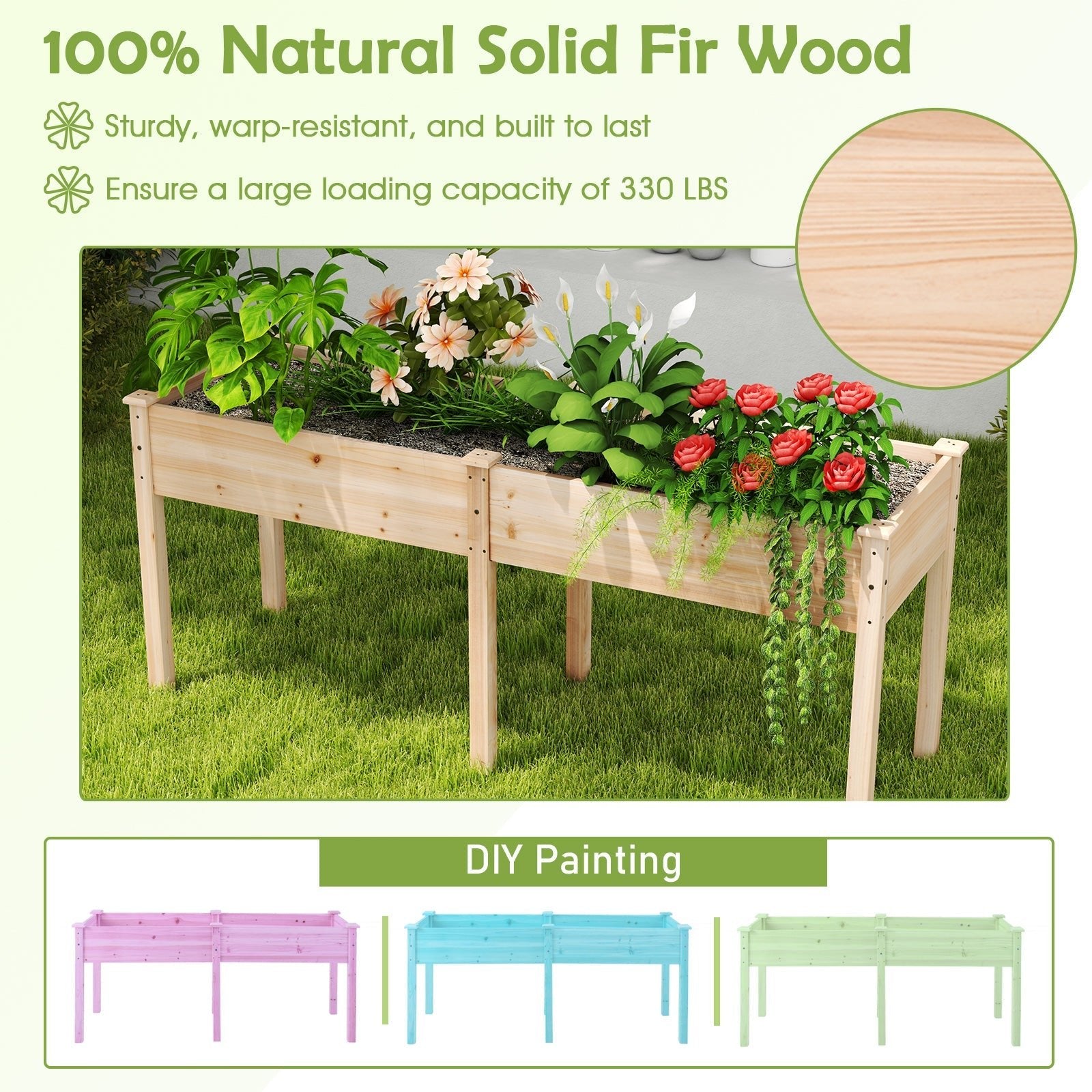 Fir Wood Outdoor Raised Garden Bed with Divider Panel and Drainage Holes - Cheeky Garden