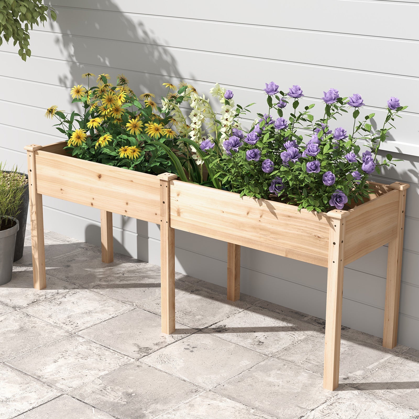 Fir Wood Outdoor Raised Garden Bed with Divider Panel and Drainage Holes - Cheeky Garden