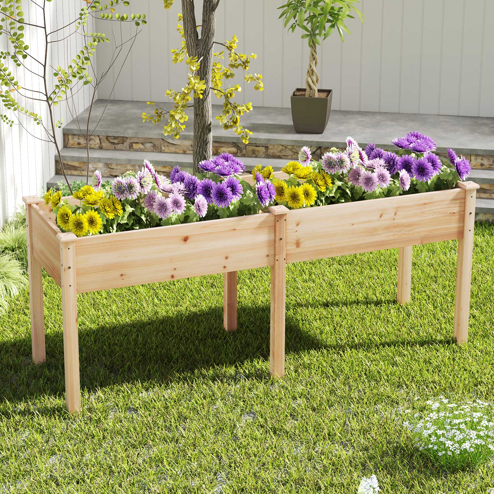 Fir Wood Outdoor Raised Garden Bed with Divider Panel and Drainage Holes - Cheeky Garden