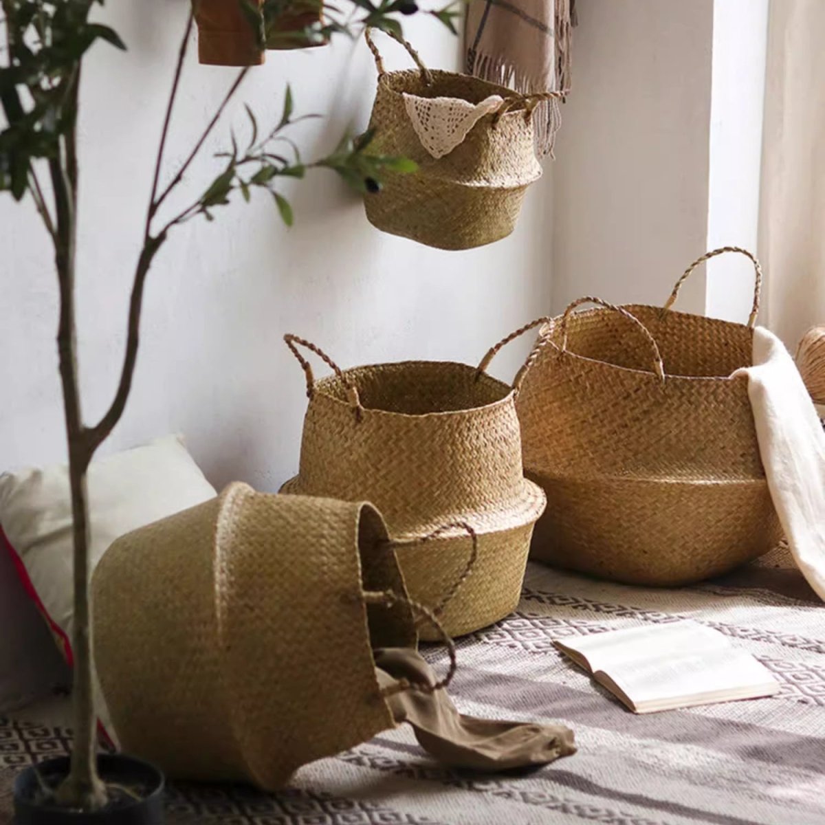 Foldable Seagrass Belly Basket with Handles - Cheeky Garden