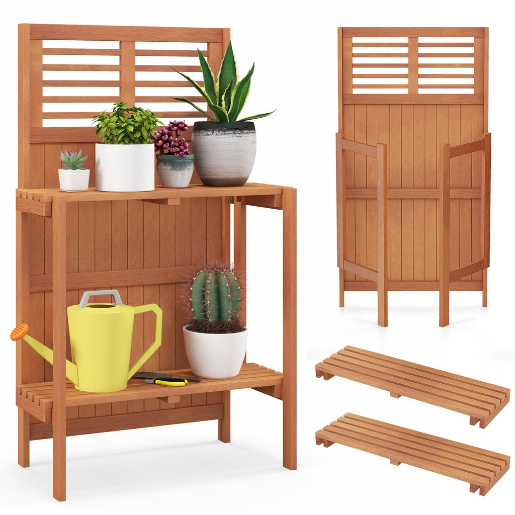Folding Garden Potting Bench with 2-tier Storage Shelves and Teak Oil Finish for Garden Yard Balcony - Cheeky Garden