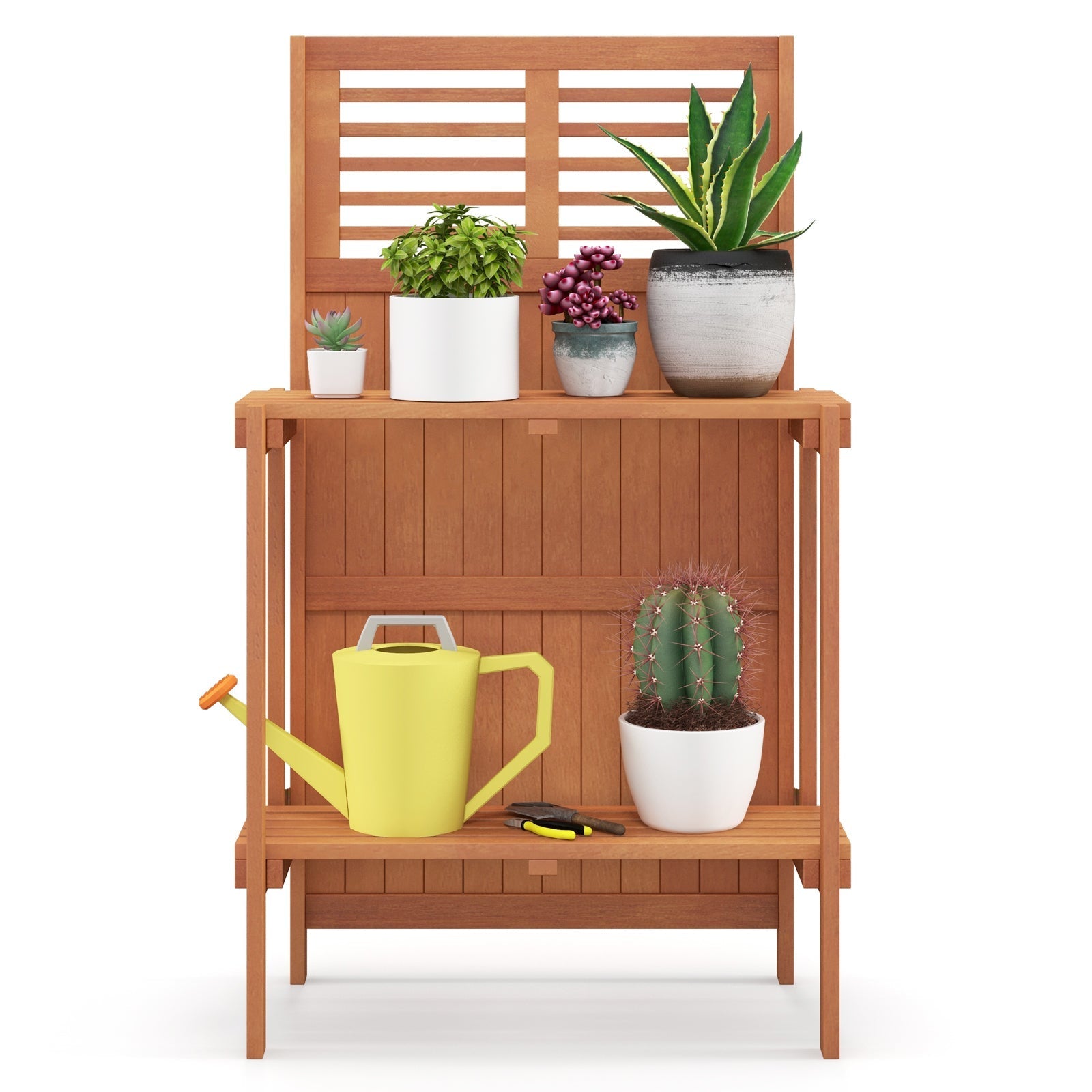 Folding Garden Potting Bench with 2-tier Storage Shelves and Teak Oil Finish for Garden Yard Balcony - Cheeky Garden