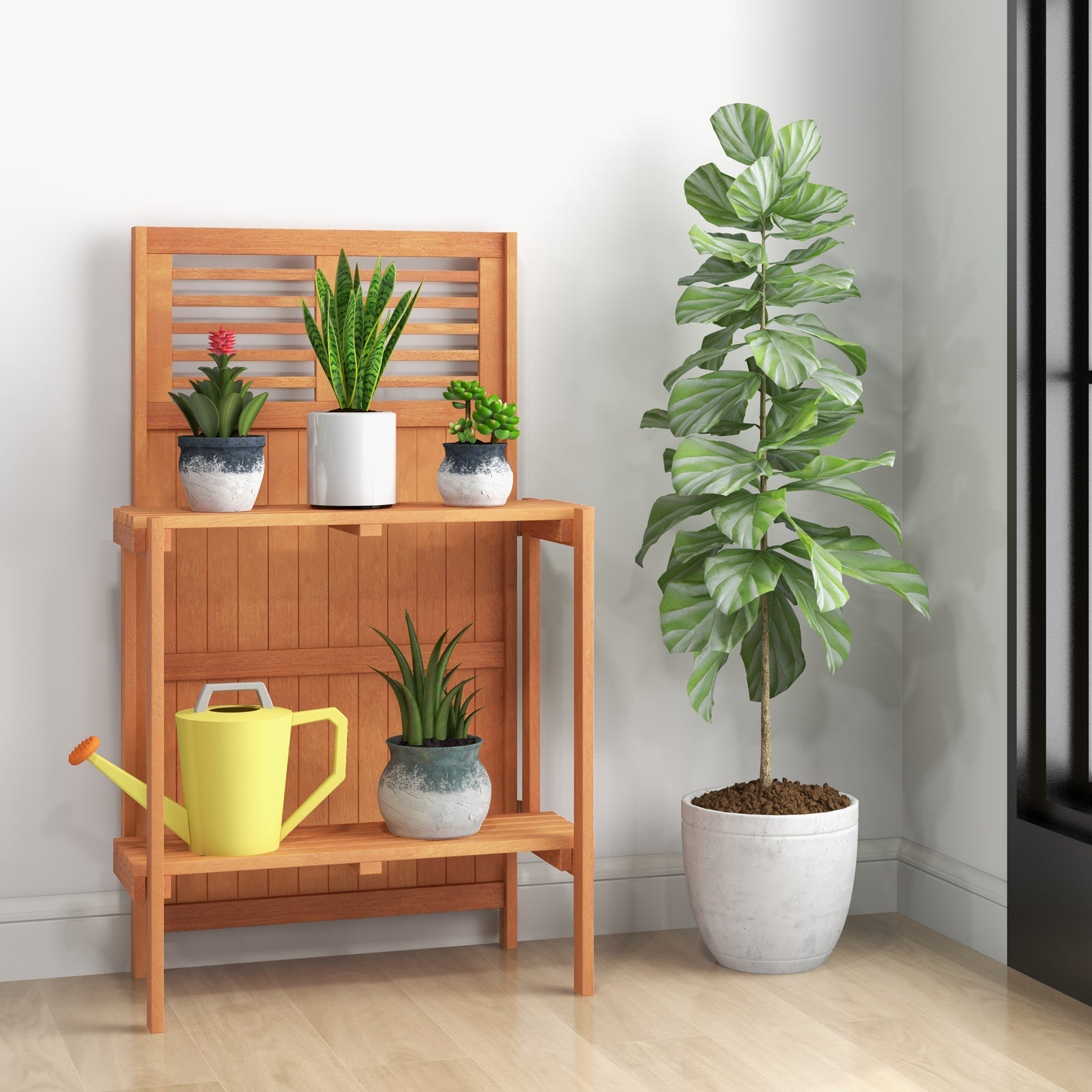 Folding Garden Potting Bench with 2-tier Storage Shelves and Teak Oil Finish for Garden Yard Balcony - Cheeky Garden