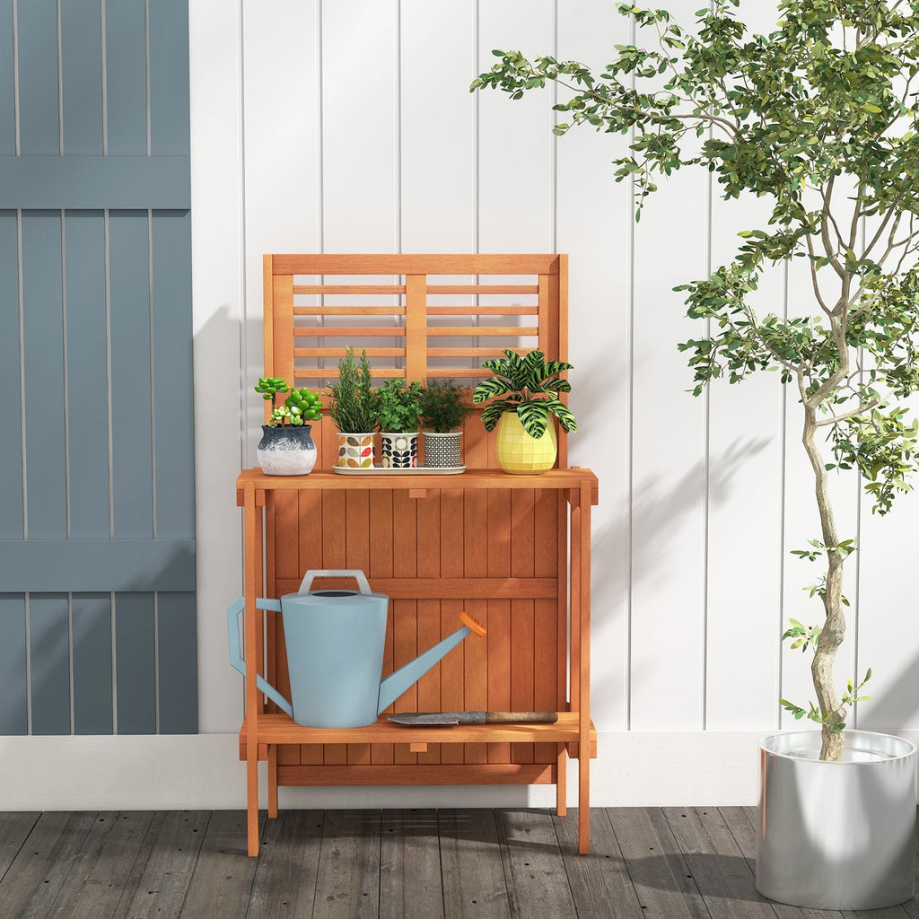 Folding Garden Potting Bench with 2-tier Storage Shelves and Teak Oil Finish for Garden Yard Balcony - Cheeky Garden