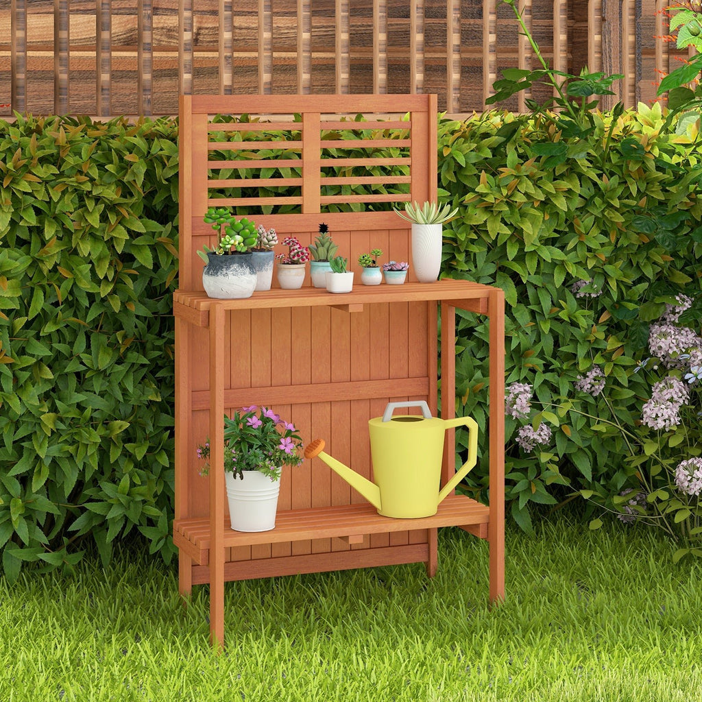 Folding Garden Potting Bench with 2-tier Storage Shelves and Teak Oil Finish for Garden Yard Balcony - Cheeky Garden
