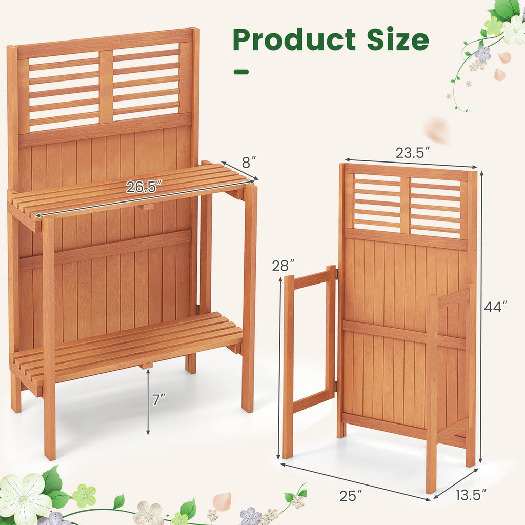 Folding Garden Potting Bench with 2-tier Storage Shelves and Teak Oil Finish for Garden Yard Balcony - Cheeky Garden