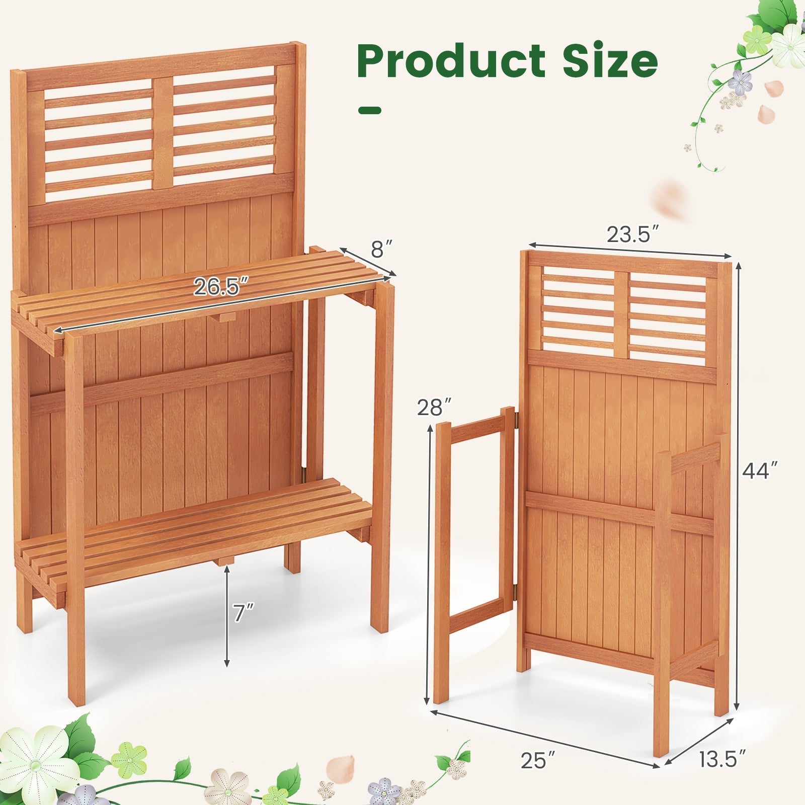 Folding Garden Potting Bench with 2-tier Storage Shelves and Teak Oil Finish for Garden Yard Balcony - Cheeky Garden