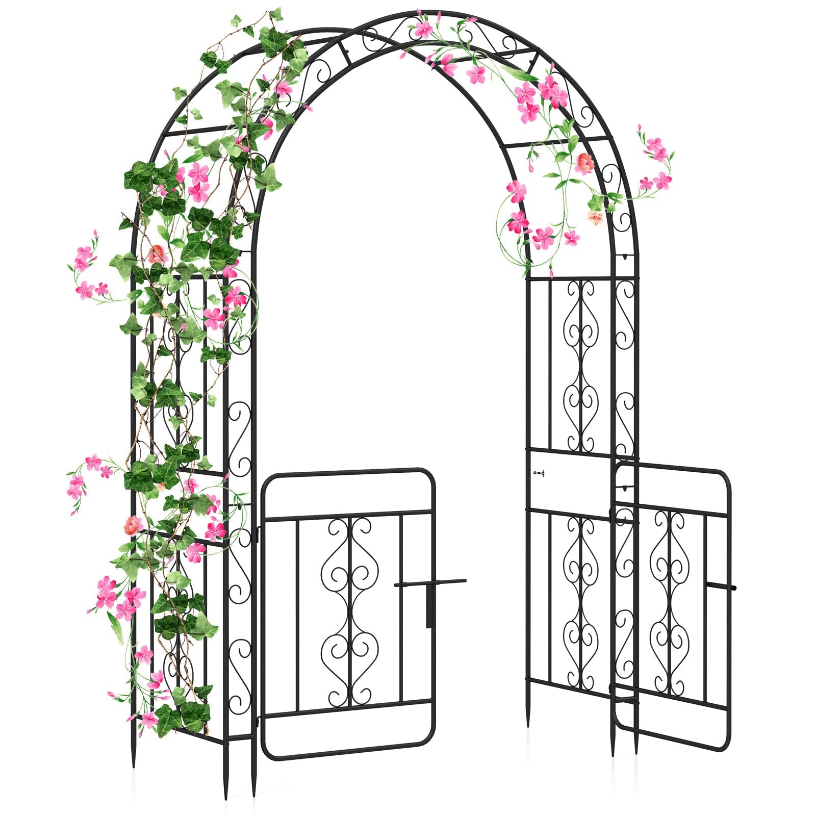 Garden Arbor with Gate with Multiple Side Crossbars and 4 Sharp Ground Stakes-Black - Cheeky Garden