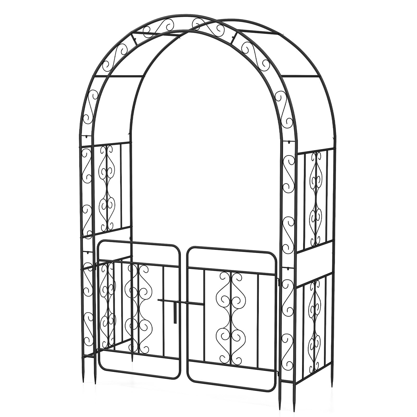 Garden Arbor with Gate with Multiple Side Crossbars and 4 Sharp Ground Stakes-Black - Cheeky Garden