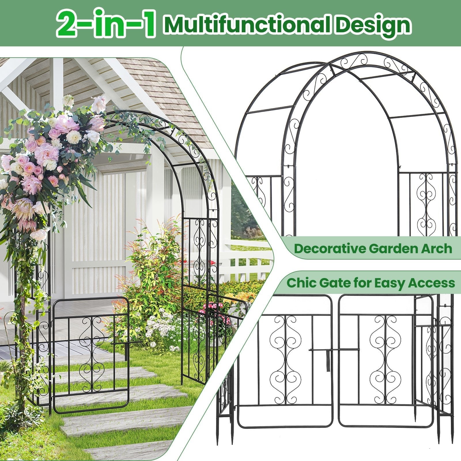 Garden Arbor with Gate with Multiple Side Crossbars and 4 Sharp Ground Stakes-Black - Cheeky Garden