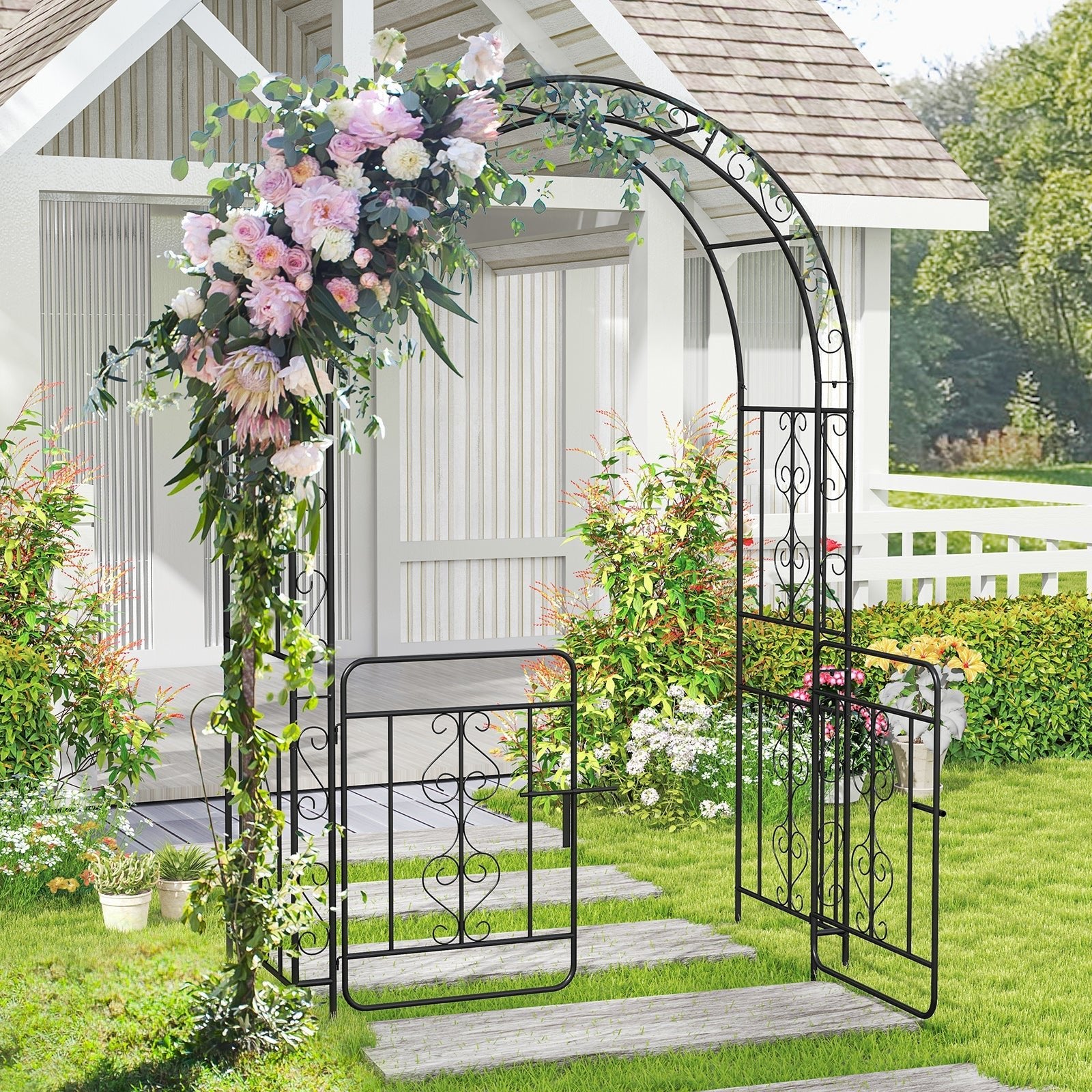 Garden Arbor with Gate with Multiple Side Crossbars and 4 Sharp Ground Stakes-Black - Cheeky Garden