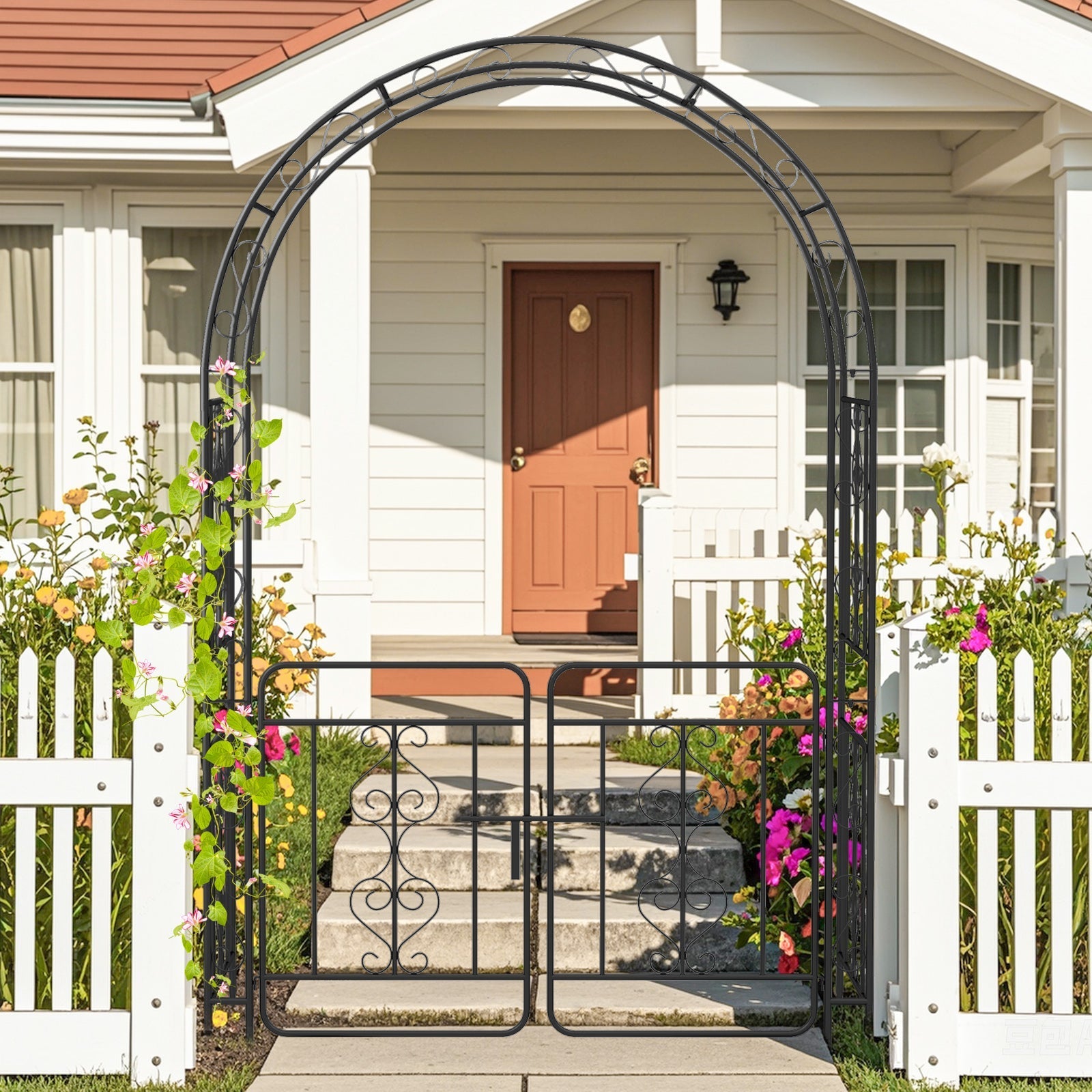 Garden Arbor with Gate with Multiple Side Crossbars and 4 Sharp Ground Stakes-Black - Cheeky Garden