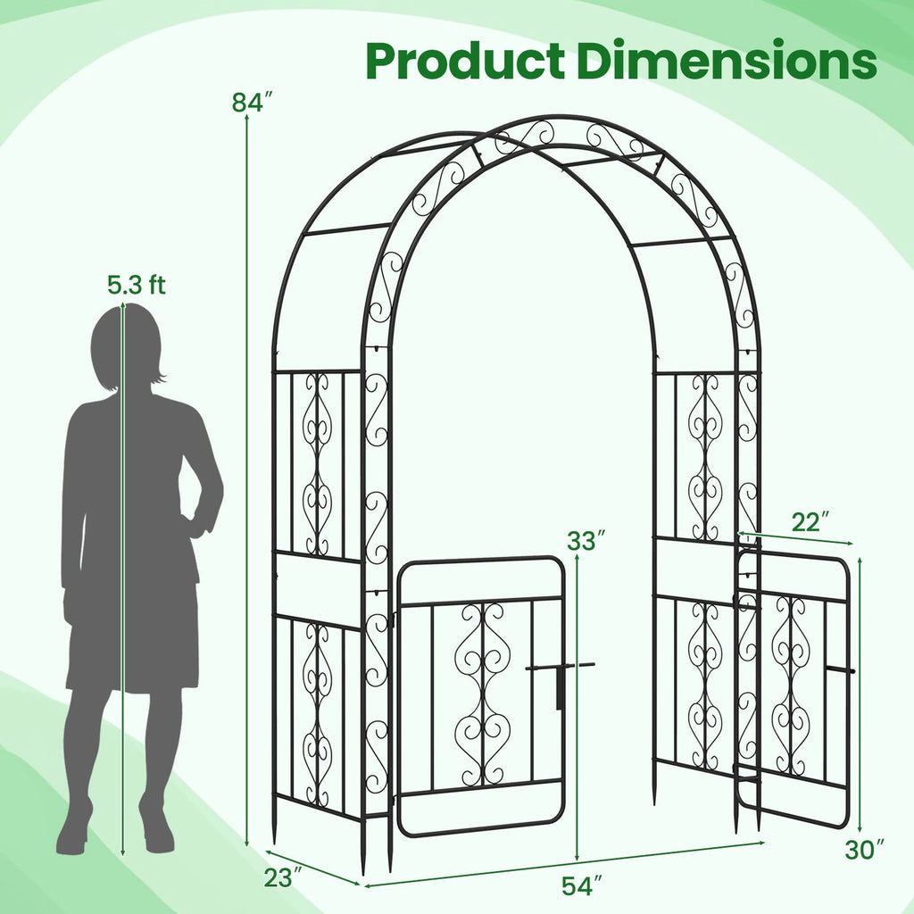 Garden Arbor with Gate with Multiple Side Crossbars and 4 Sharp Ground Stakes-Black - Cheeky Garden