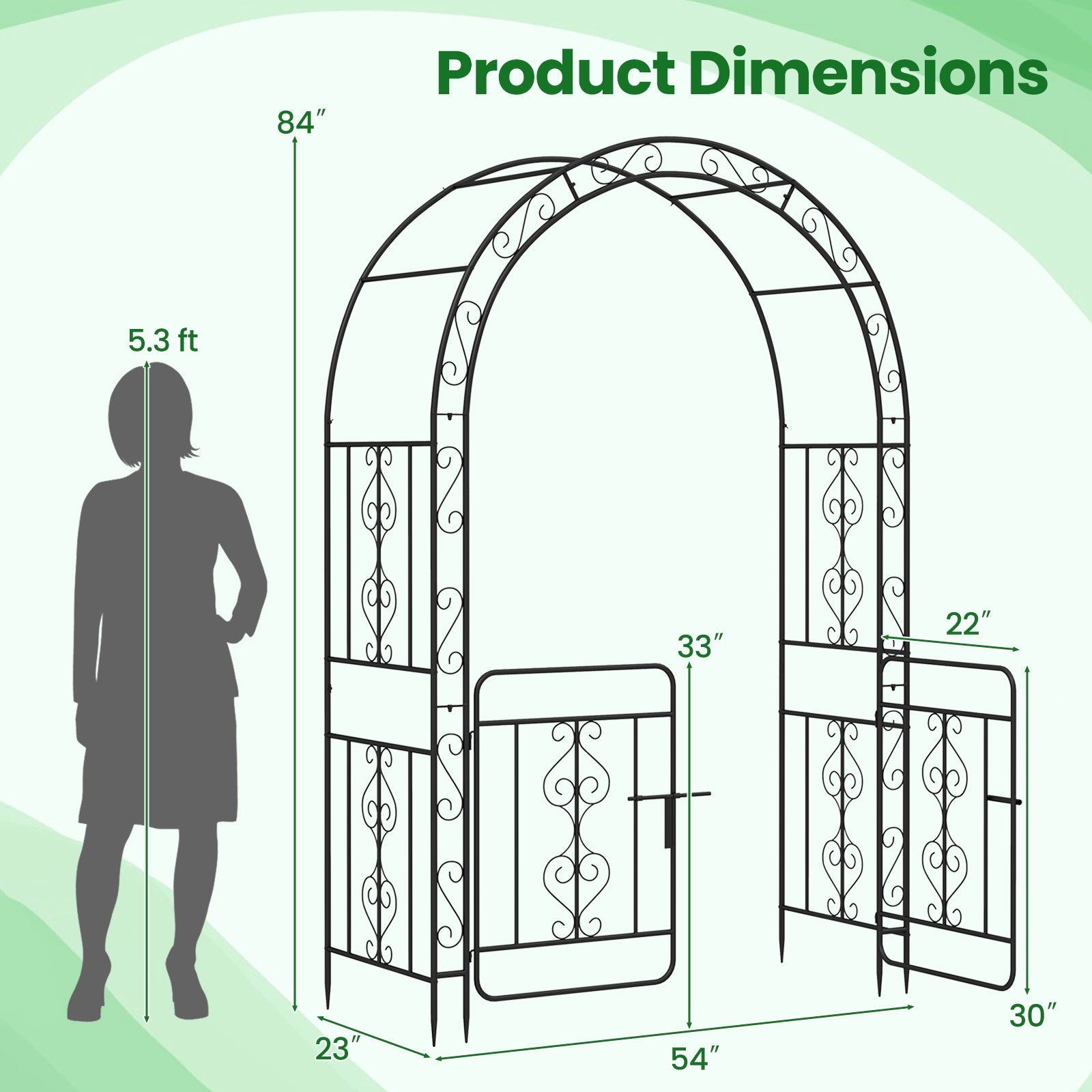 Garden Arbor with Gate with Multiple Side Crossbars and 4 Sharp Ground Stakes-Black - Cheeky Garden
