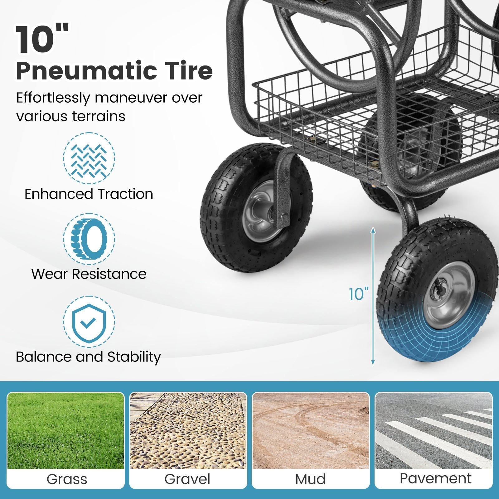 Garden Hose Reel Cart 300 Feet Large Capacity with 4 Wheels and Storage Basket-Gray - Cheeky Garden