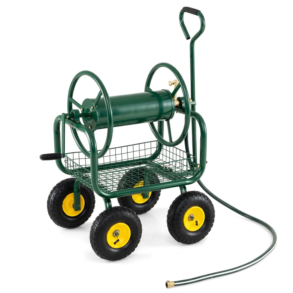 Garden Hose Reel Cart 300 Feet Large Capacity with 4 Wheels and Storage Basket-Gray - Cheeky Garden