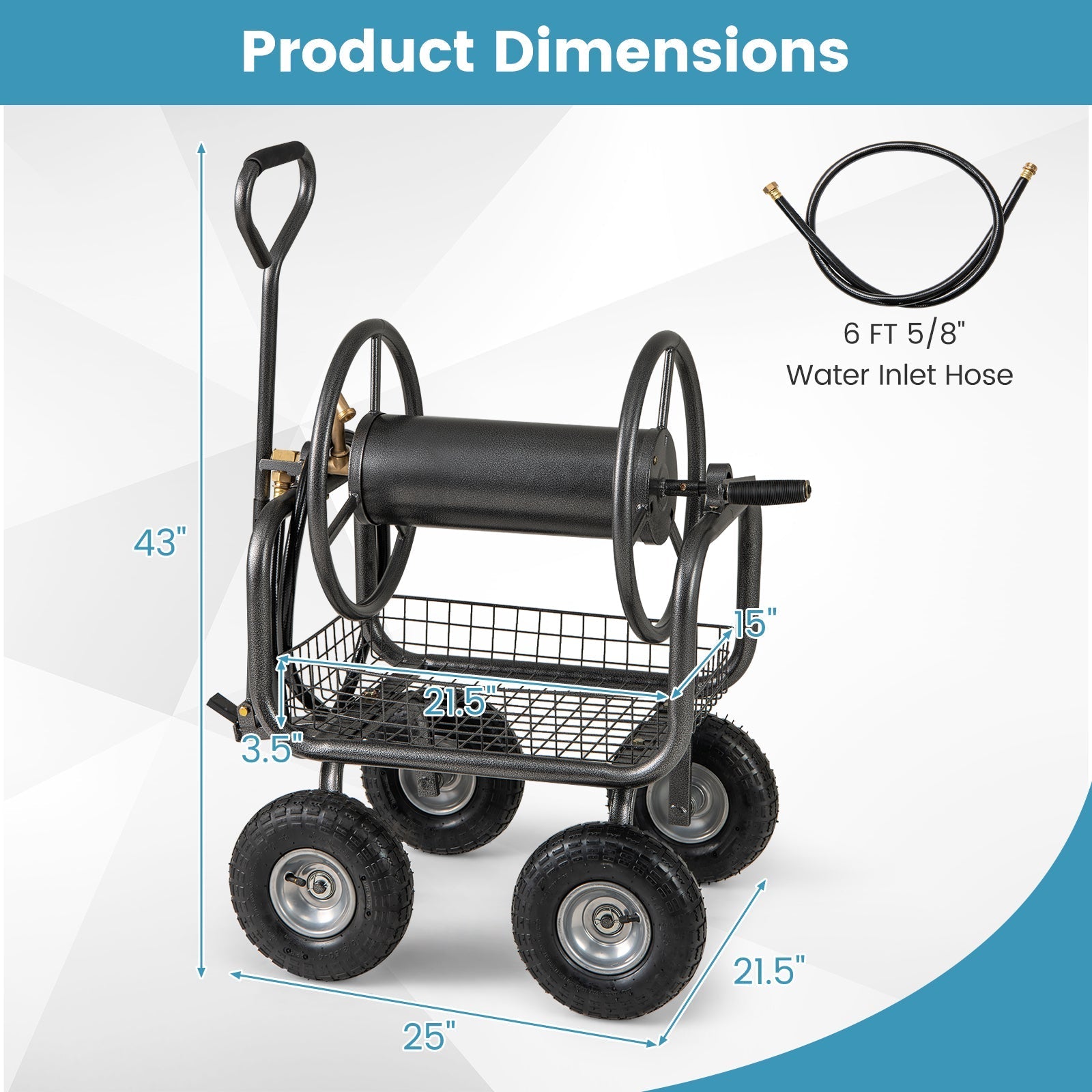 Garden Hose Reel Cart 300 Feet Large Capacity with 4 Wheels and Storage Basket-Gray - Cheeky Garden