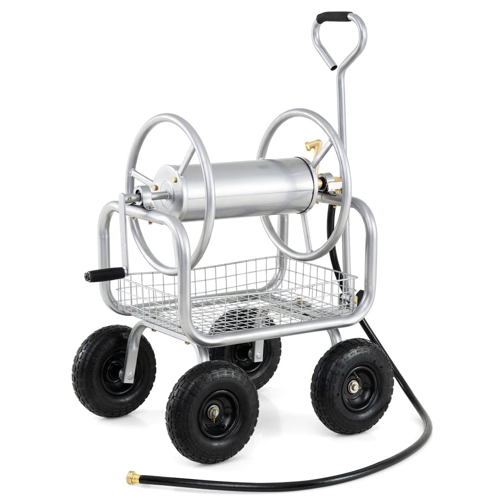 Garden Hose Reel Cart 300 Feet Large Capacity with 4 Wheels and Storage Basket-Gray - Cheeky Garden