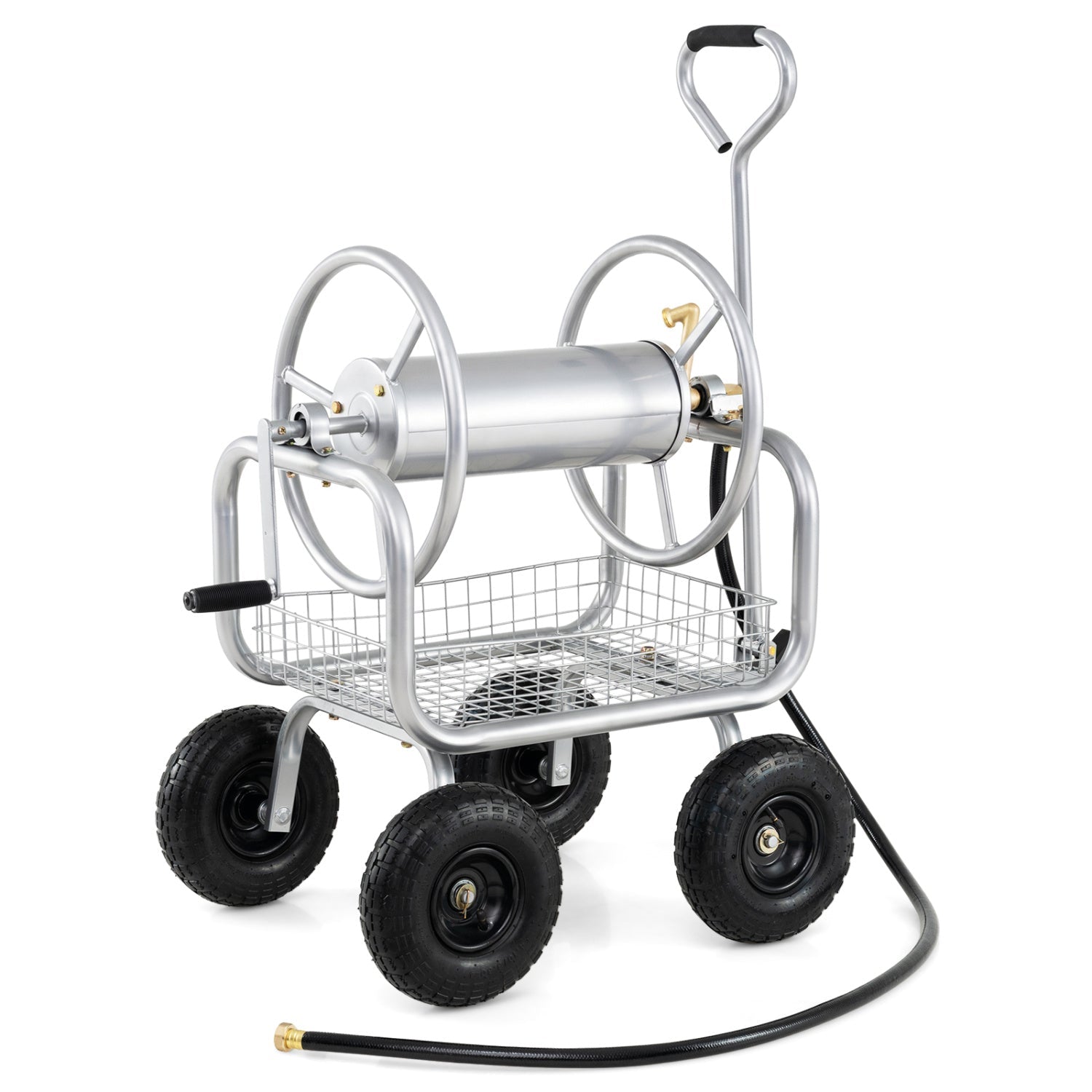 Garden Hose Reel Cart 300 Feet Large Capacity with 4 Wheels and Storage Basket-Gray - Cheeky Garden