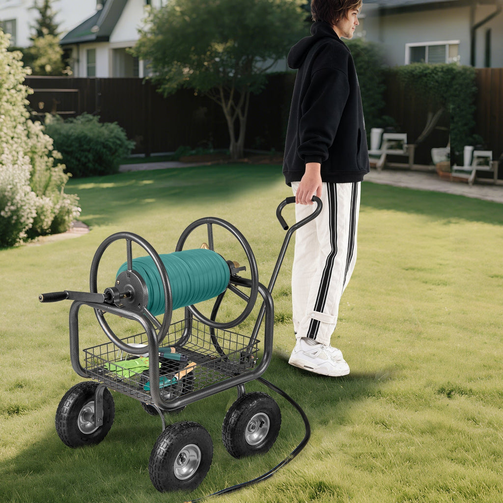 Garden Hose Reel Cart 300 Feet Large Capacity with 4 Wheels and Storage Basket-Gray - Cheeky Garden