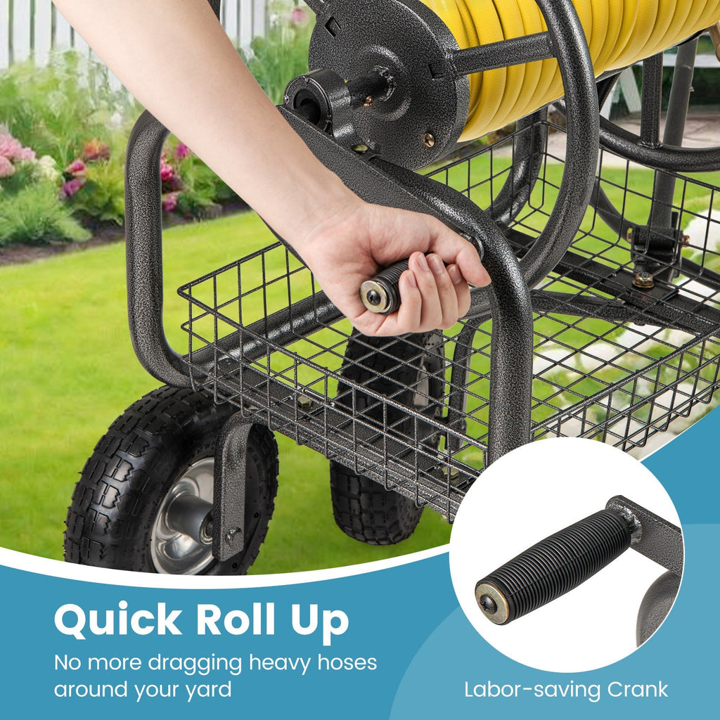 Garden Hose Reel Cart 300 Feet Large Capacity with 4 Wheels and Storage Basket-Gray - Cheeky Garden