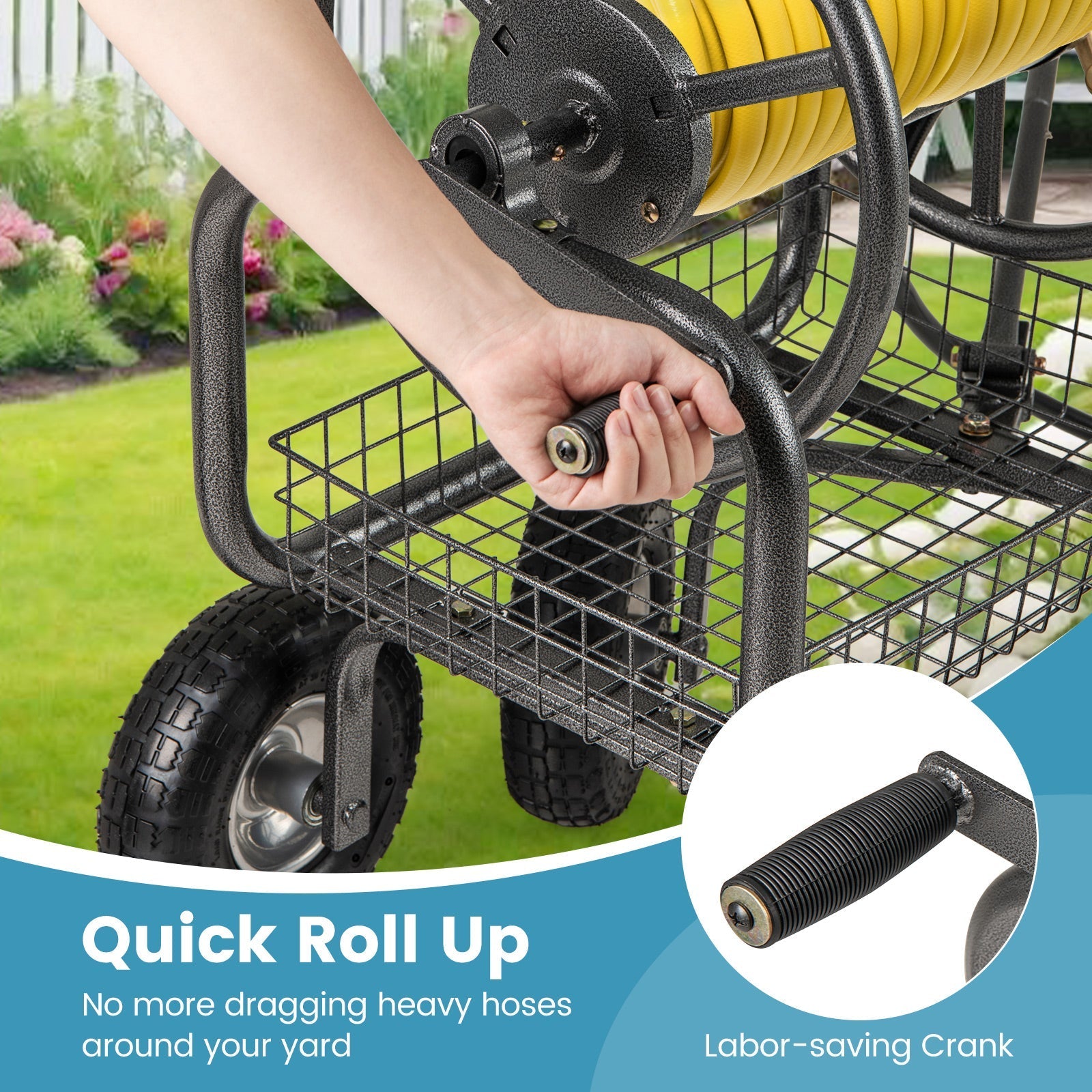 Garden Hose Reel Cart 300 Feet Large Capacity with 4 Wheels and Storage Basket-Gray - Cheeky Garden