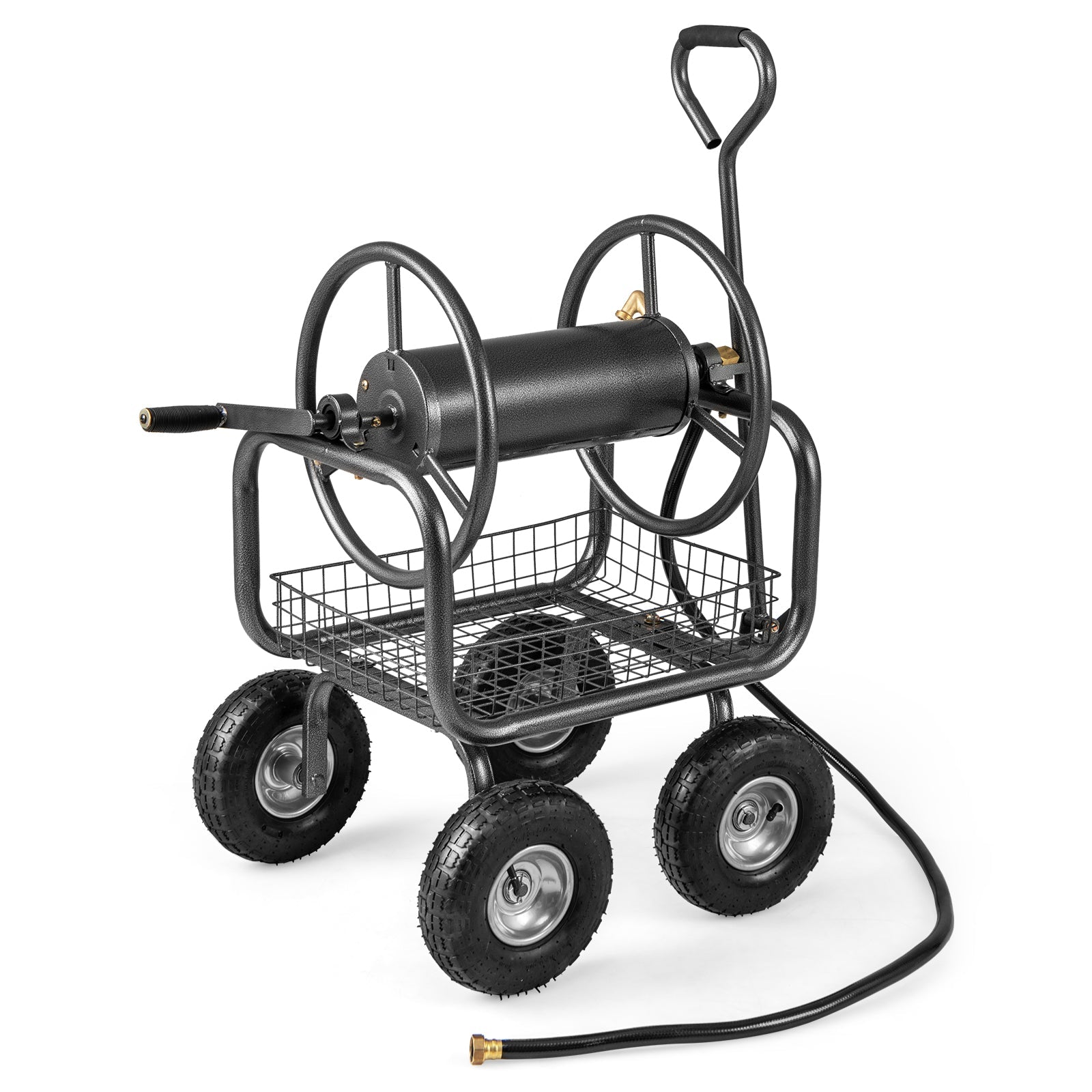 Garden Hose Reel Cart 300 Feet Large Capacity with 4 Wheels and Storage Basket-Gray - Cheeky Garden