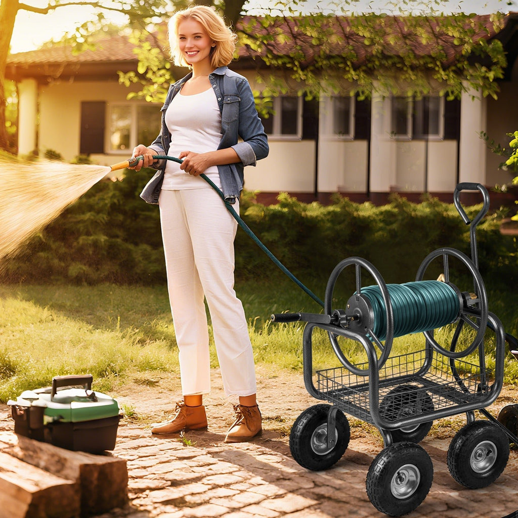 Garden Hose Reel Cart 300 Feet Large Capacity with 4 Wheels and Storage Basket-Gray - Cheeky Garden