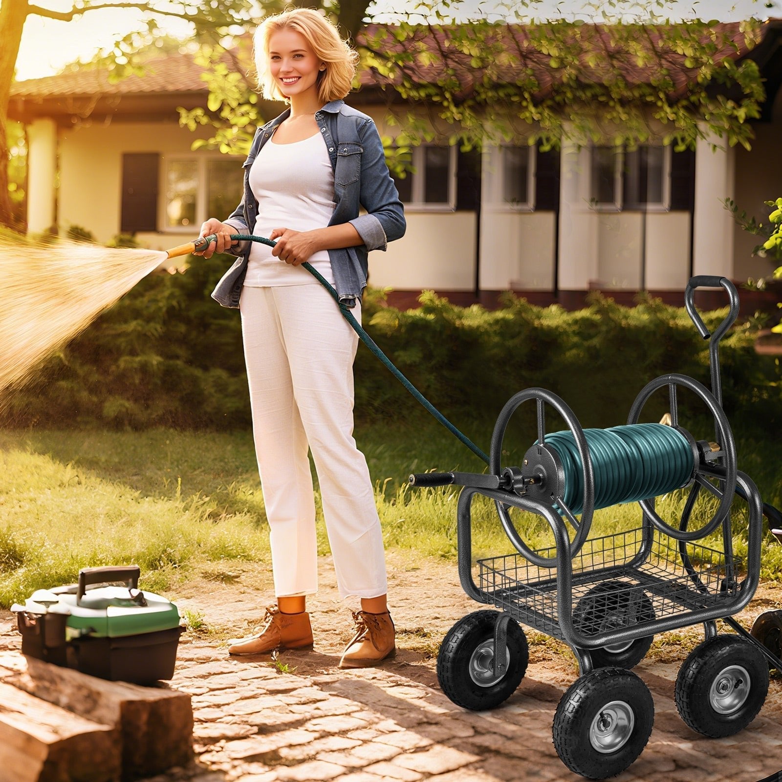 Garden Hose Reel Cart 300 Feet Large Capacity with 4 Wheels and Storage Basket-Gray - Cheeky Garden
