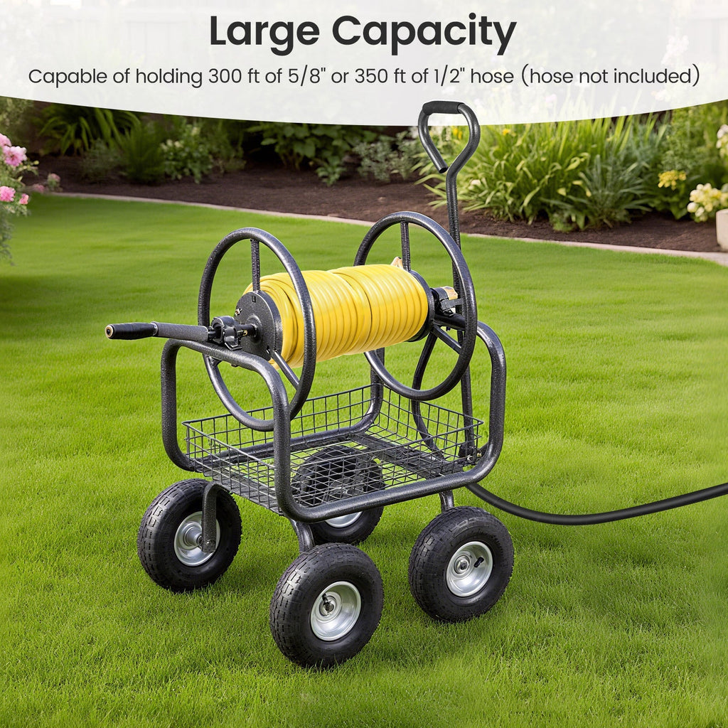 Garden Hose Reel Cart 300 Feet Large Capacity with 4 Wheels and Storage Basket-Gray - Cheeky Garden