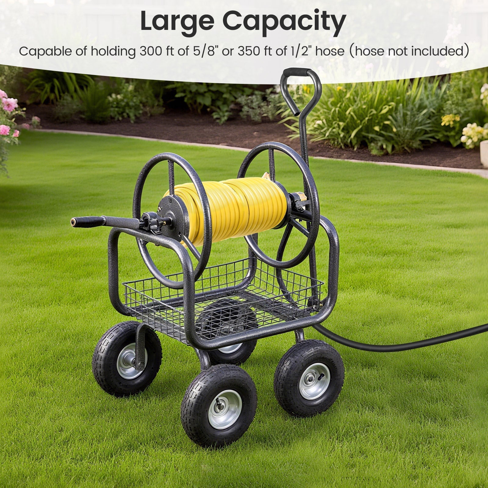 Garden Hose Reel Cart 300 Feet Large Capacity with 4 Wheels and Storage Basket-Gray - Cheeky Garden