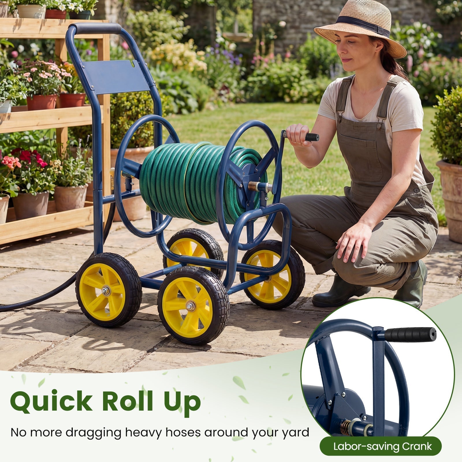 Garden Hose Reel Cart 4 Wheels Heavy-Duty Metal Water Hose Organizer Portable - Cheeky Garden