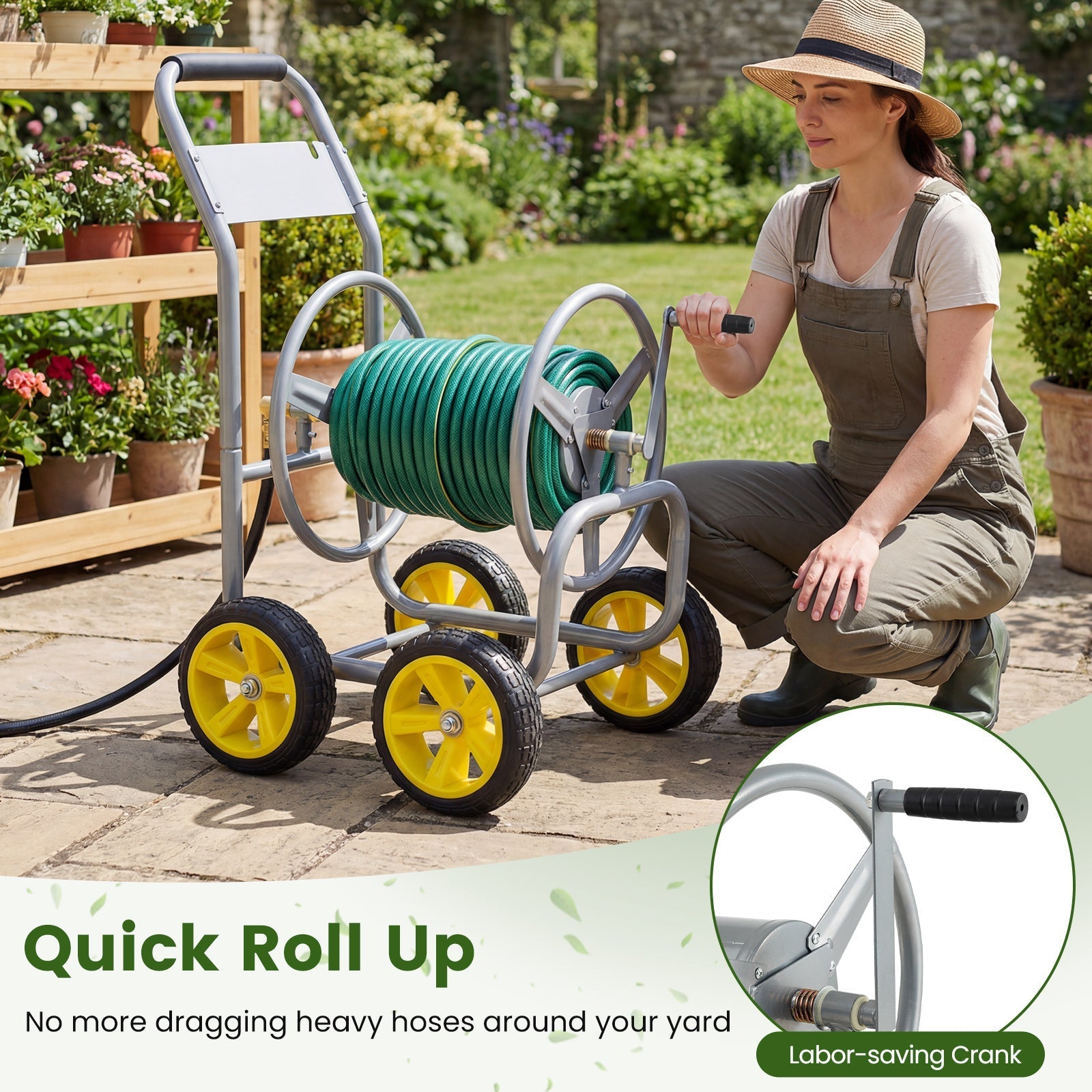 Garden Hose Reel Cart 4 Wheels Heavy-Duty Metal Water Hose Organizer Portable - Cheeky Garden
