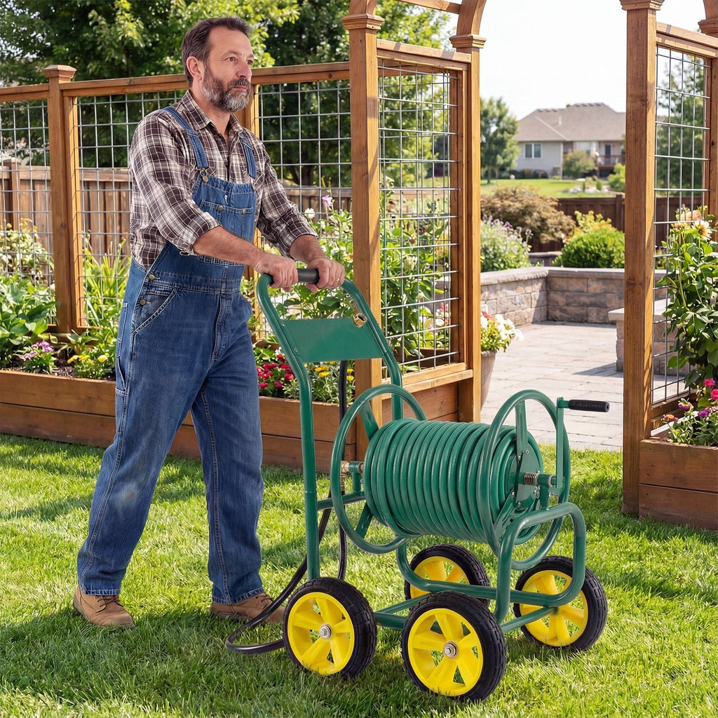 Garden Hose Reel Cart 4 Wheels Heavy-Duty Metal Water Hose Organizer Portable - Cheeky Garden