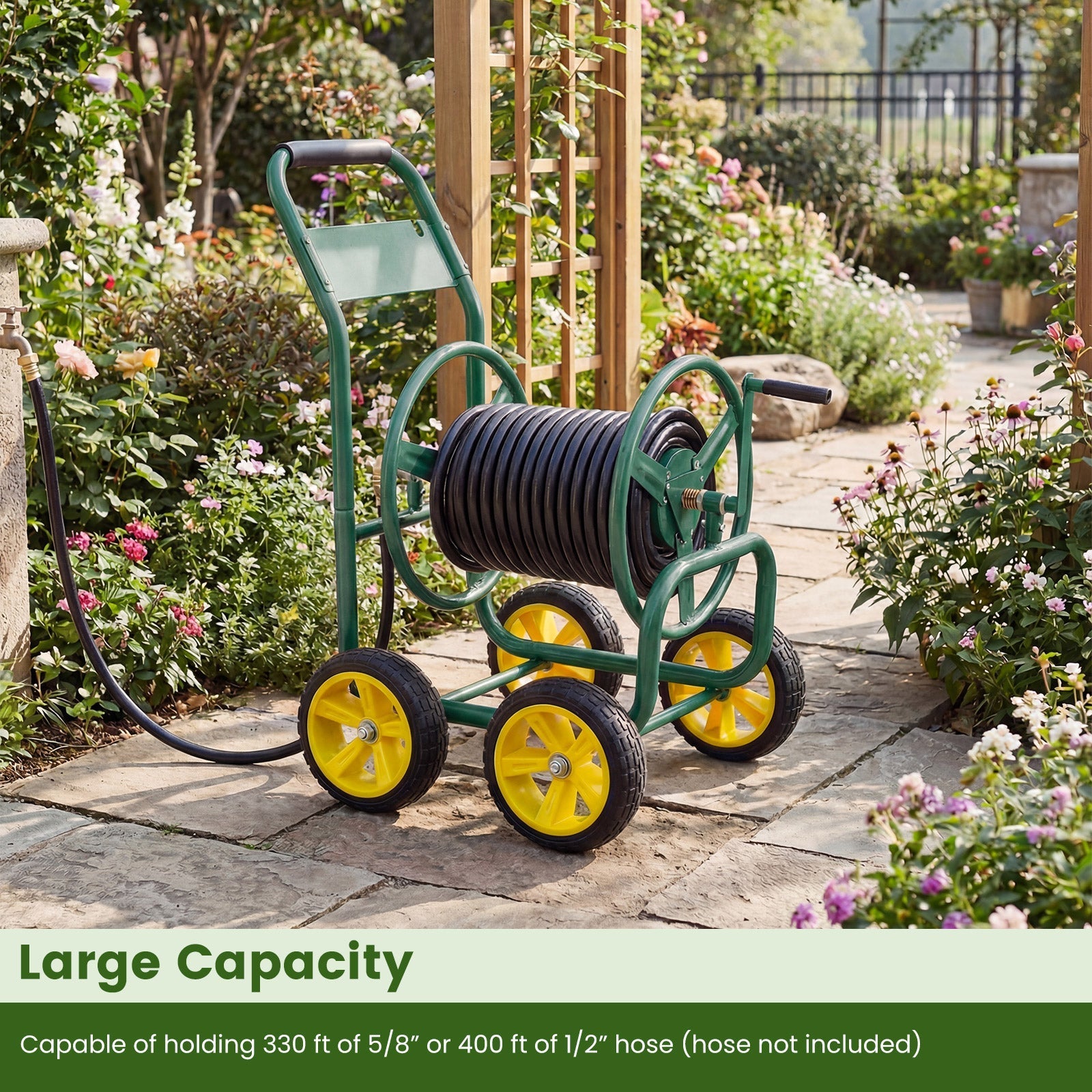 Garden Hose Reel Cart 4 Wheels Heavy-Duty Metal Water Hose Organizer Portable - Cheeky Garden